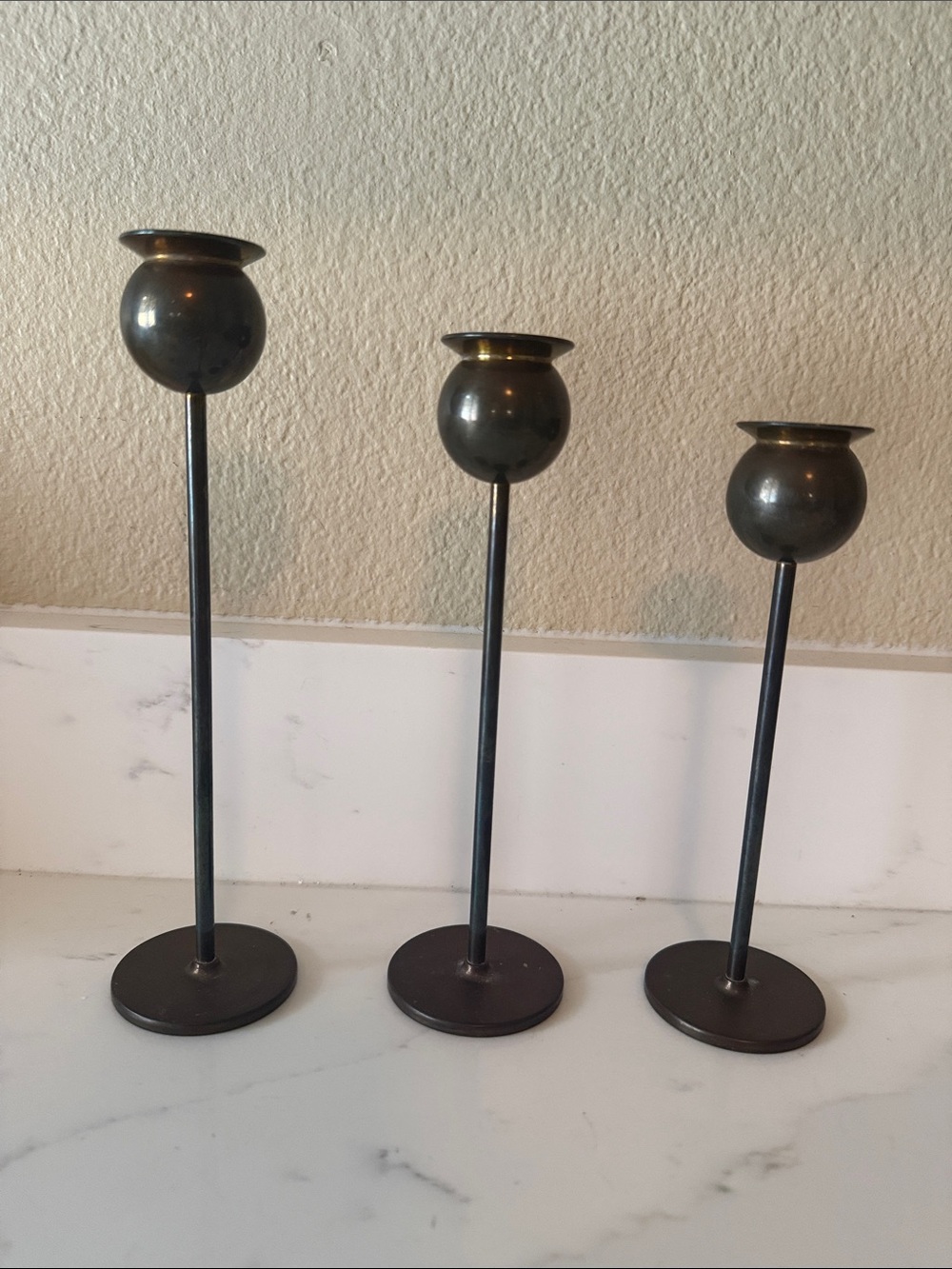 Mid Century Skultuna oxidized Brass Tulip Candle Holders Signed Set of 3 - Picture 2 of 7